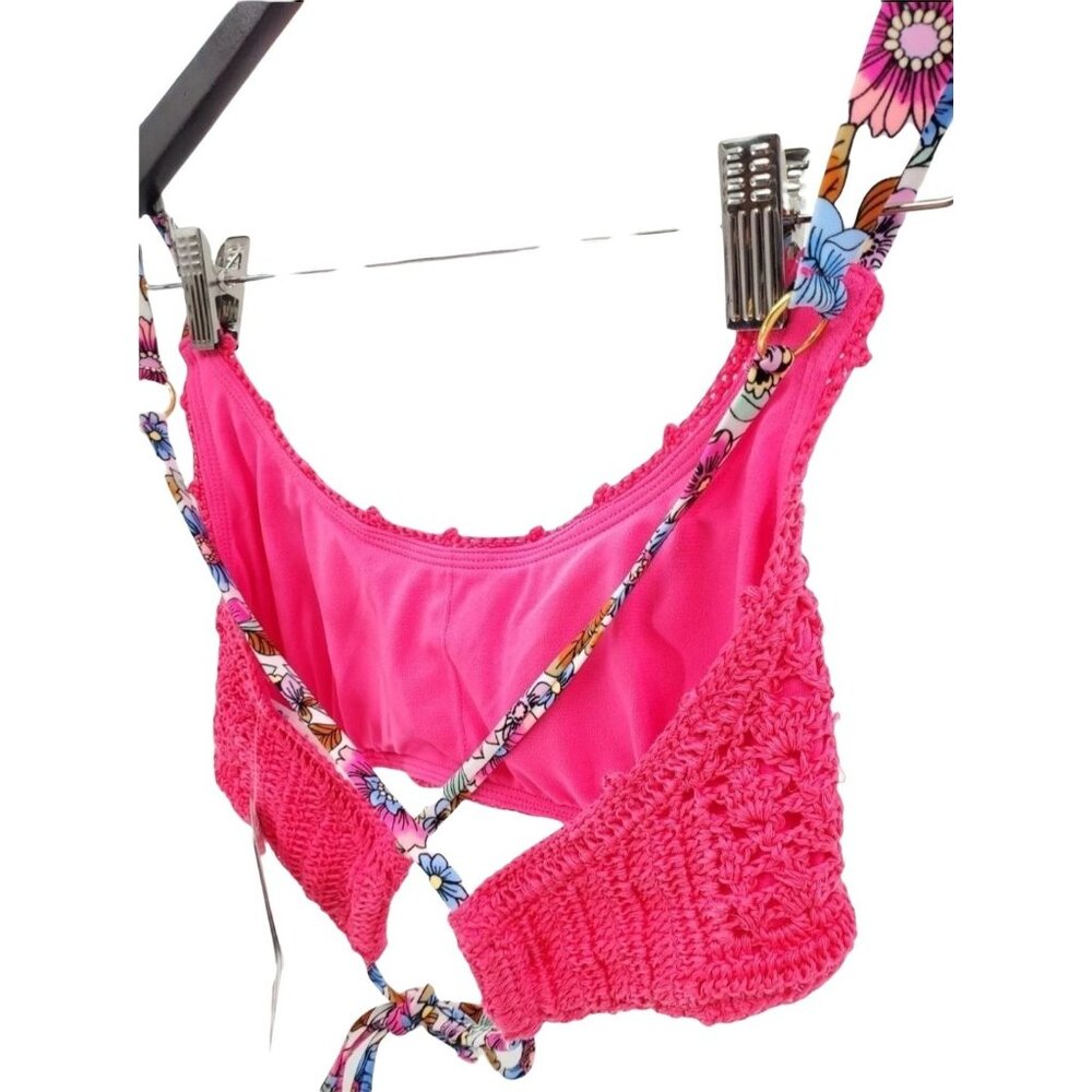 California Waves Large Bikini Top Neon Pink Retro Knit Crochet Bralette Swimwear - Picture 6 of 12